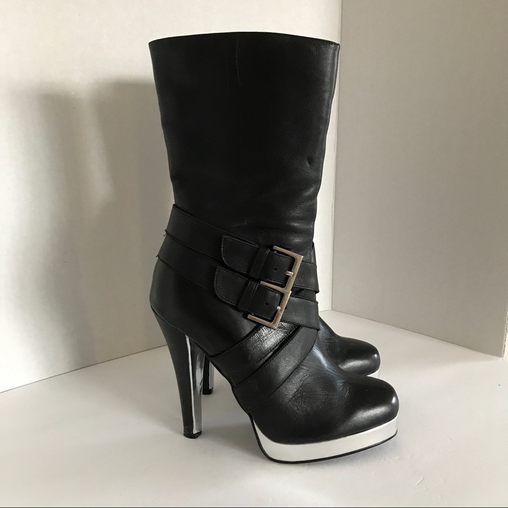 Black Leather Metallic Silver Heeled Boots 7.5